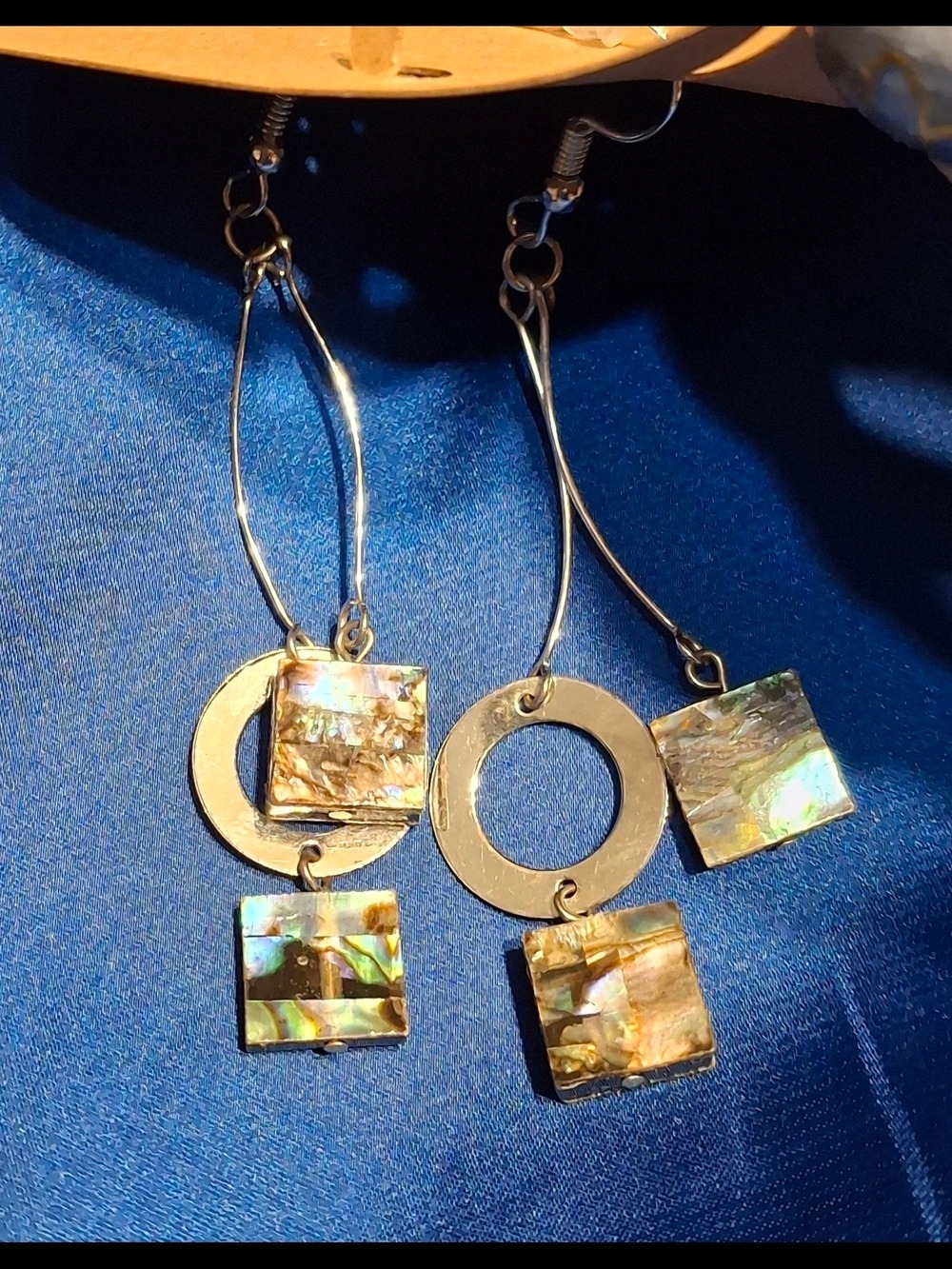 Iridescent Abalone Square Drop Earrings with Silver Hoops - Women Jewelry